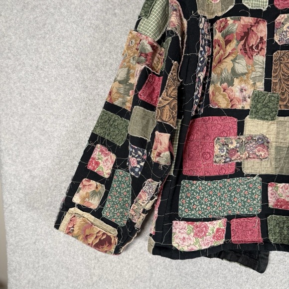 Vintage Patchwork Jacket Womens Medium Black Floral Open Handmade - Picture 8 of 10